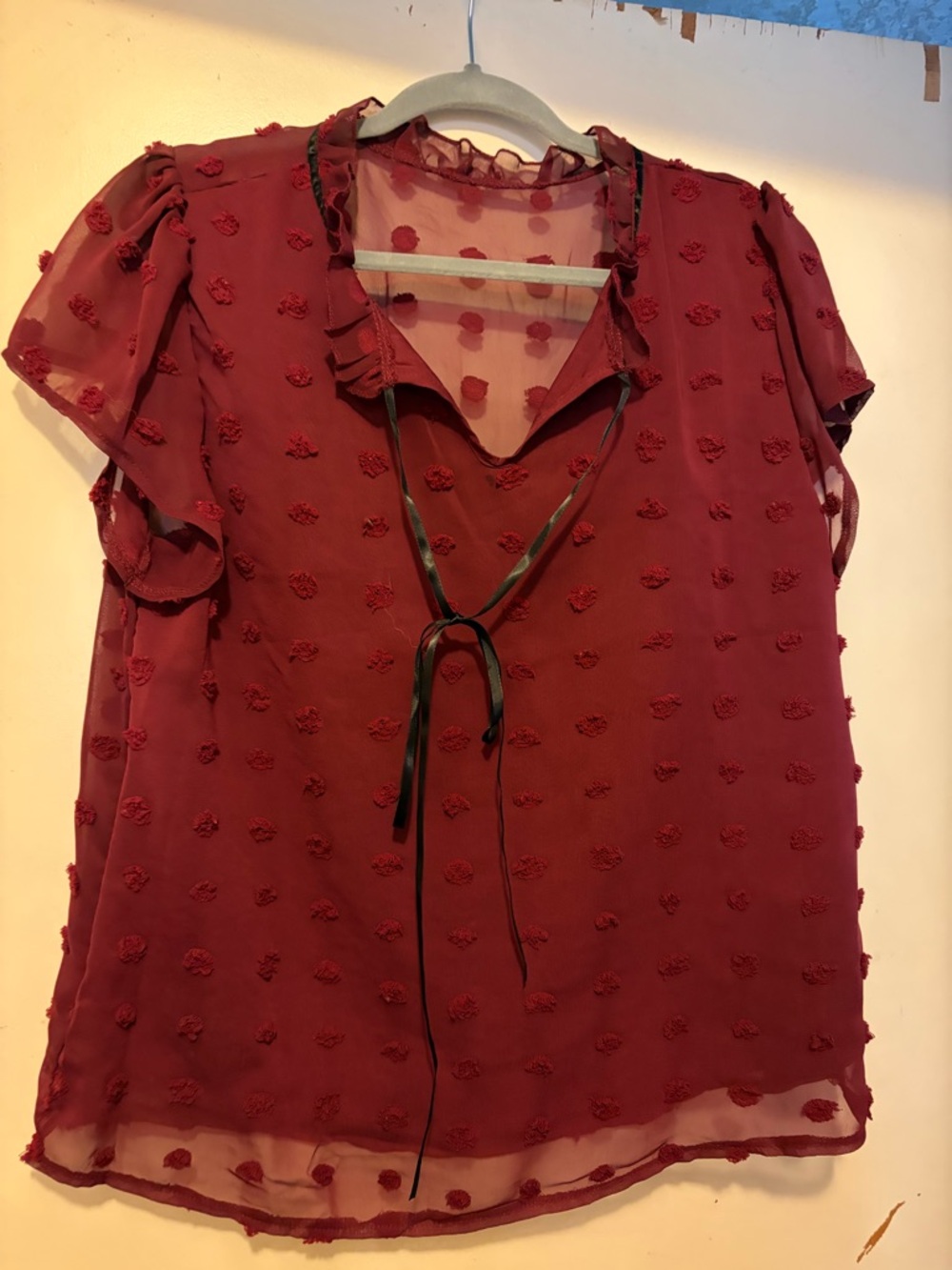 Womens Burgundy Swiss Dot Tie-Neck Blouse